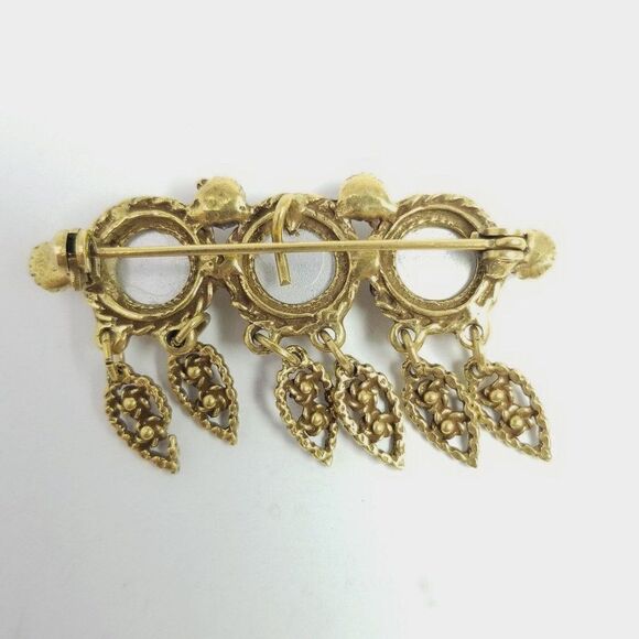 Vintage Brown Rhinestone Brooch Dangle Drop Shape Charms Gold Tone Lapel Pin - Picture 3 of 6